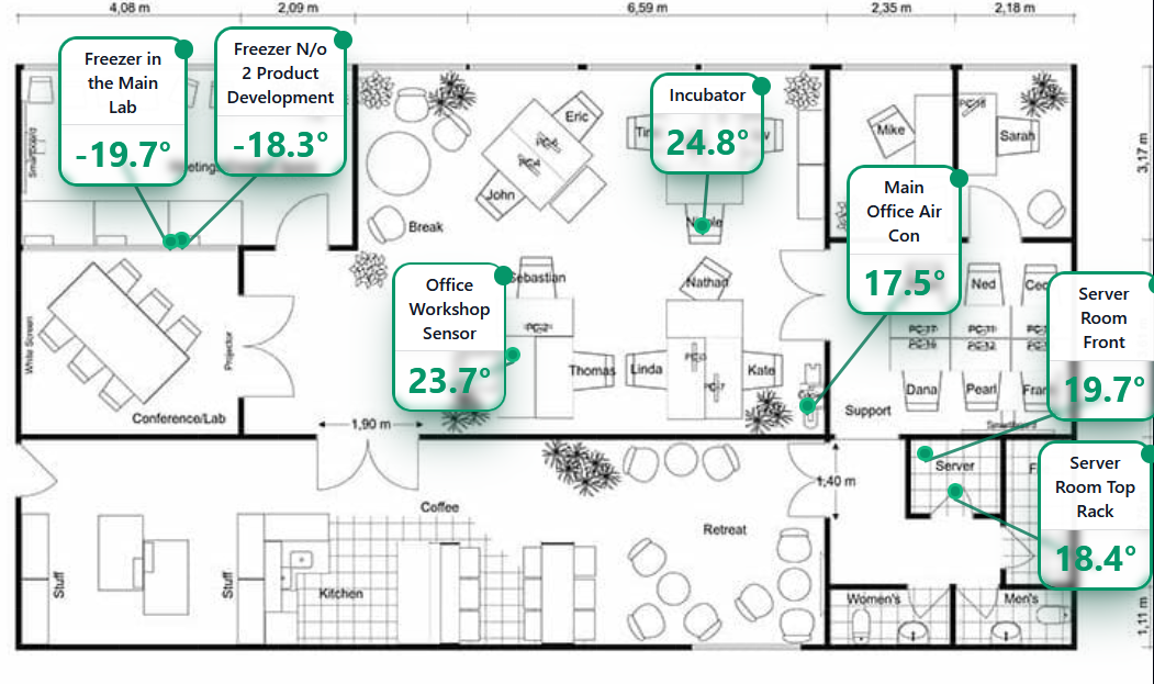 TS1 Cloud floor plan view with sensor readings overlaid on a building layout