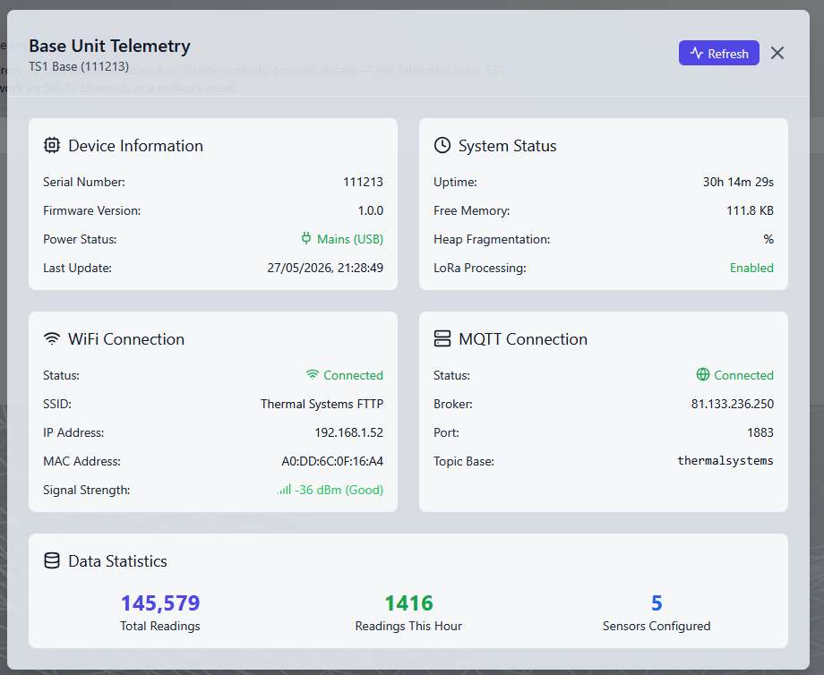 Base unit telemetry panel showing device info, WiFi and MQTT connection status